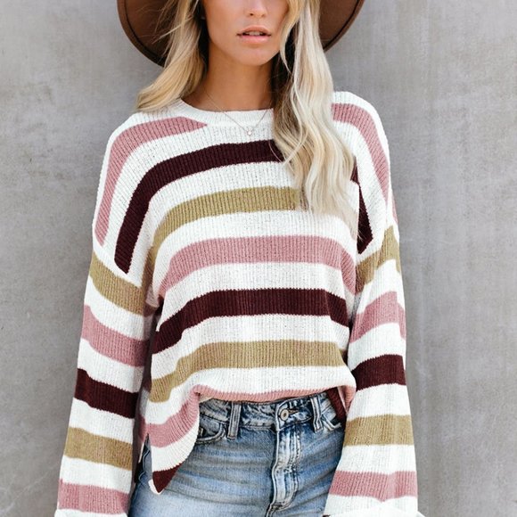Unbranded Sweaters - Pink Casual Loose Bell Sleeves Striped Knit Sweater
